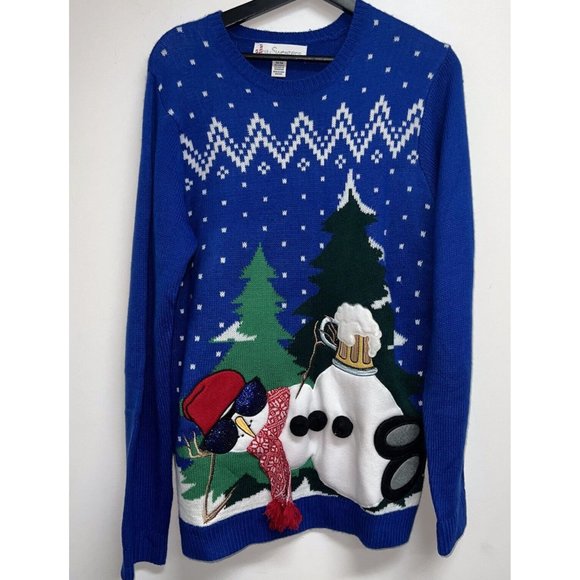 Jolly Sweaters Mens Ugly Christmas Drunk Drinking Snowman Beer Size M Blue - Picture 1 of 5